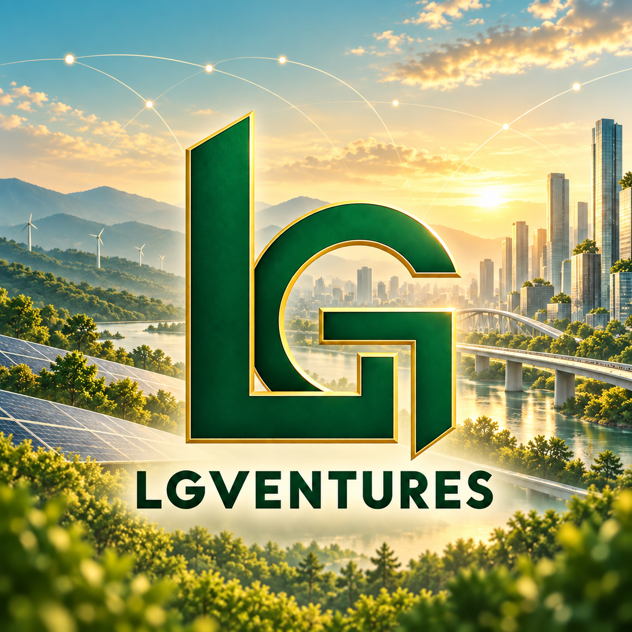 LG Ventures green and gold identity against a landscape of renewable energy and urban infrastructure.